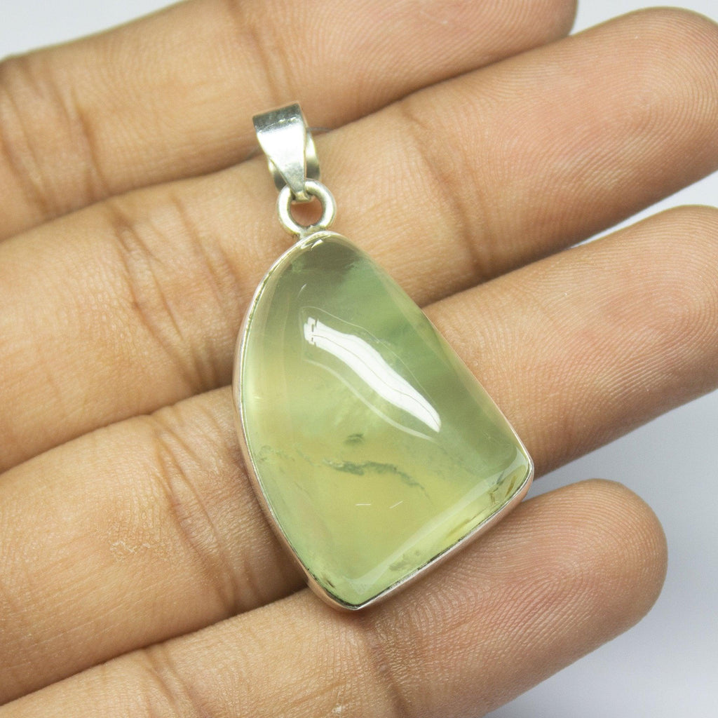 13.30gm Natural Prehnite Fancy Shape 925 Sterling Silver Bezel Pendant, Prehnite Pendant - Jalvi & Co.