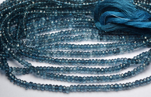 13.5 Inches, Full Long Strand, Natural London Blue Topaz Micro Faceted Rondells, 3.5-4mm Size Aprx - Jalvi & Co.