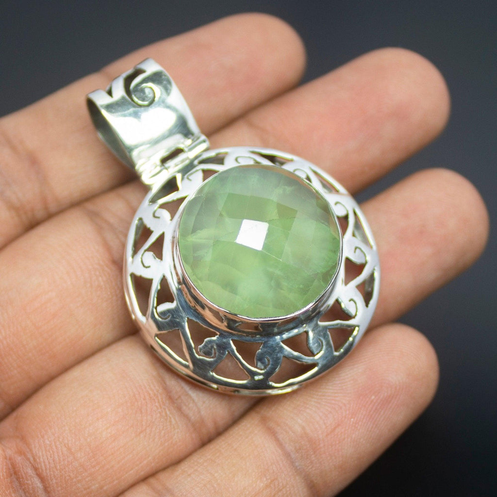 13.7g, Totally Handmade Natural Prehnite Round Shape 925 Sterling Silver Pendant - Jalvi & Co.