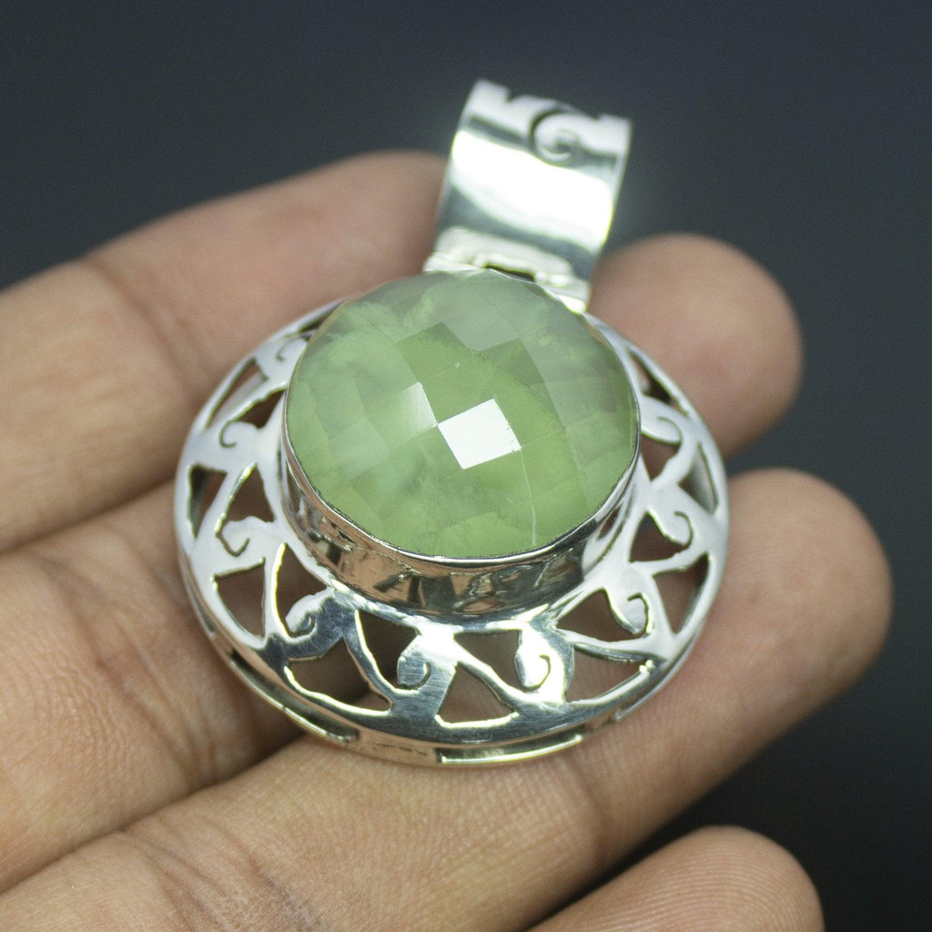 13.7g, Totally Handmade Natural Prehnite Round Shape 925 Sterling Silver Pendant - Jalvi & Co.