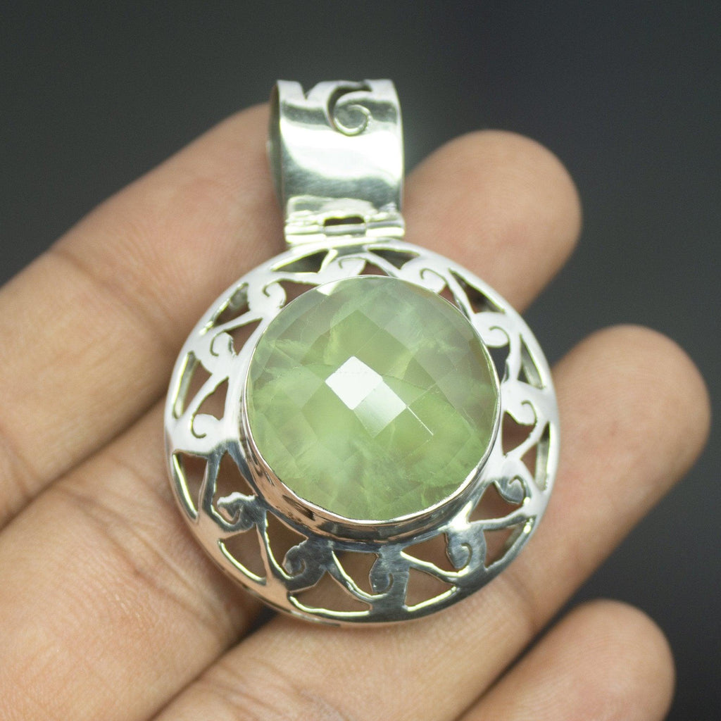 13.7g, Totally Handmade Natural Prehnite Round Shape 925 Sterling Silver Pendant - Jalvi & Co.