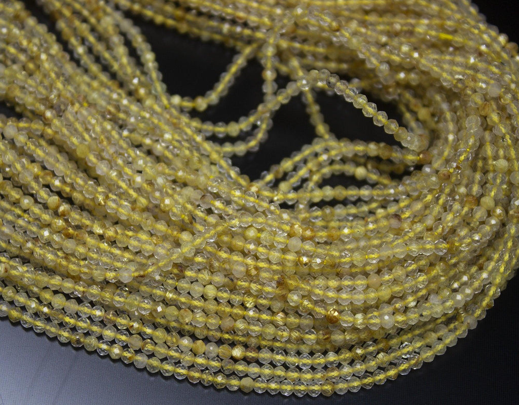 13" Full Strand, Golden Rutilated Quartz Faceted Round Cut Shape Gemstone Beads, Quartz Beads, 2.25mm - Jalvi & Co.