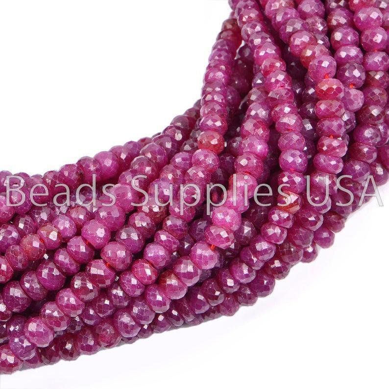 13" Full Strand, Ruby Dyed Faceted Rondelle Shape Gemstone Beads, Ruby Beads, 3-5mm - Jalvi & Co.