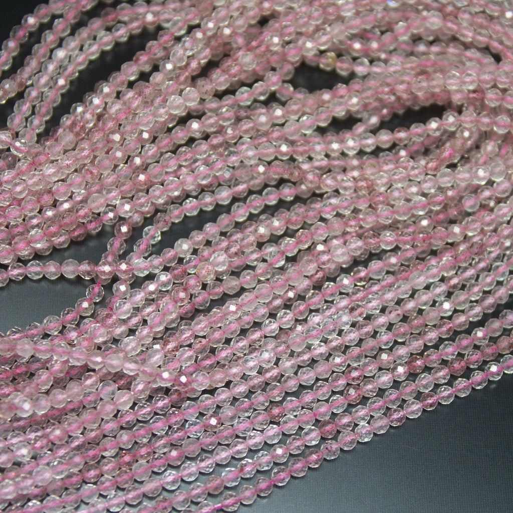 13" Full Strand, Strawberry Quartz Faceted Round Shape Gemstone Beads, Quartz Beads, 2.40mm - Jalvi & Co.