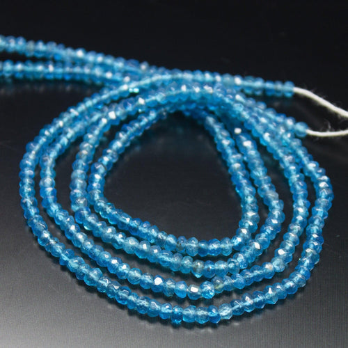 13 inch, 3-3.5mm, Neon Blue Apatite Faceted Rondelle Beads, Apatite Beads - Jalvi & Co.