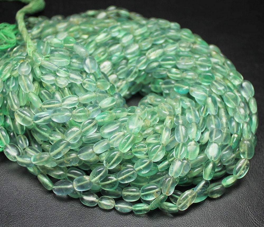 13 inch, FULL STRAND, 6-8mm, Green Fluorite Smooth Oval Loose Gemstone Bead, Fluorite Beads - Jalvi & Co.