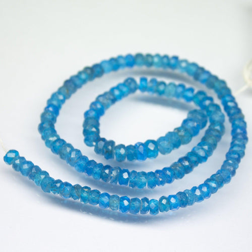 13 inches, 3-4mm, Natural Neon Blue Apatite Faceted Rondelle Beads, Apatite Beads - Jalvi & Co.