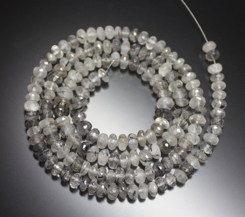 13 Inches, 7-8mm, Natural Black Rutilated Quartz Faceted Rondelle Loose Gemstone Beads - Jalvi & Co.