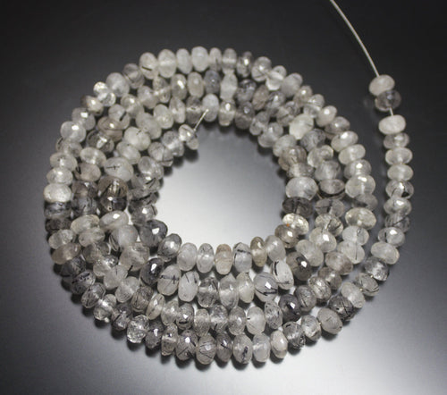 13 Inches, 7-8mm, Natural Black Rutilated Quartz Faceted Rondelle Loose Gemstone Beads - Jalvi & Co.