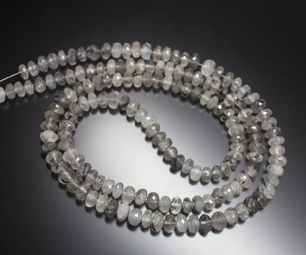 13 Inches, 7-8mm, Natural Black Rutilated Quartz Faceted Rondelle Loose Gemstone Beads - Jalvi & Co.