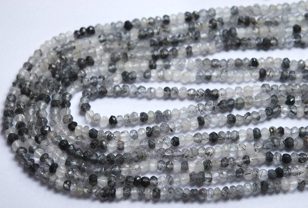 13 Inches Full Strand,Rare Black Tourmalinated Quartz Faceted Beads, 3.5-4mm - Jalvi & Co.