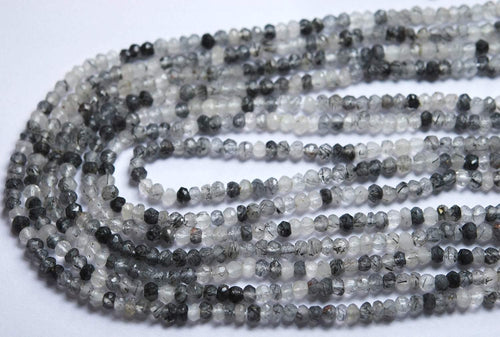 13 Inches Full Strand,Rare Black Tourmalinated Quartz Faceted Beads, 3.5-4mm - Jalvi & Co.