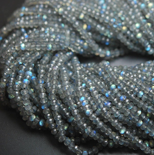 13 Inches Super Finest Natural Blue Flashy Labradorite Faceted Rondelles 4mm Aprx - Jalvi & Co.