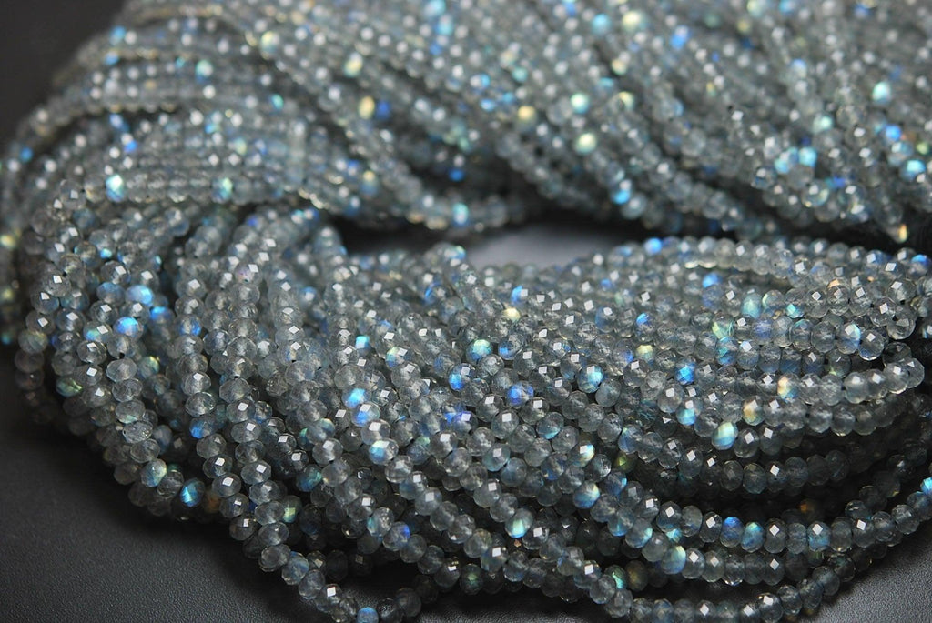 13 Inches Super Finest Natural Blue Flashy Labradorite Faceted Rondelles 4mm Aprx - Jalvi & Co.
