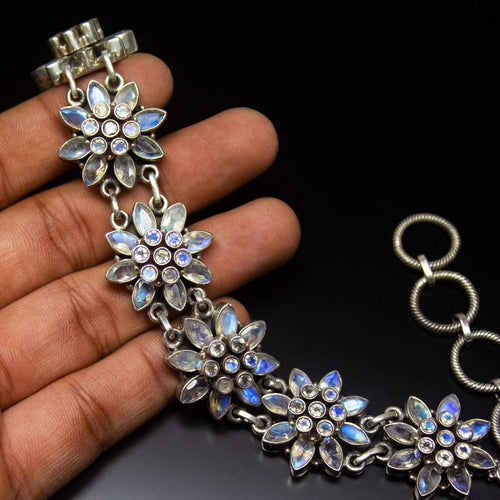 136g, 925 Sterling Silver, Rainbow Moonstone Floral Cocktail Ring, Earrings and Bracelet Jewelry Set - Jalvi & Co.