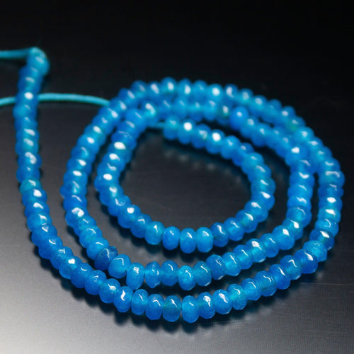 13inch, 4mm, Neon Blue Jade Faceted Rondelle Beads, Jade Beads - Jalvi & Co.