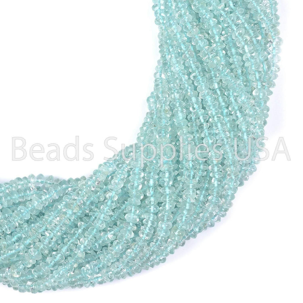14" Full Strand, Aquamarine Plain Button Shape Gemstone Beads, Aquamarine Beads, 4-6mm - Jalvi & Co.