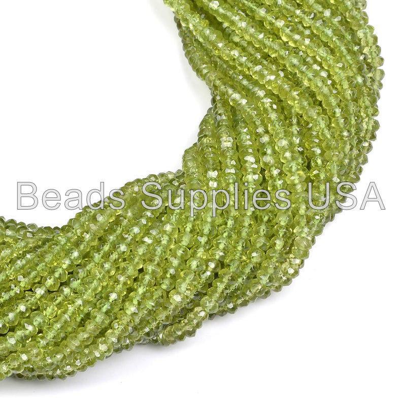 14" Full Strand, Natural AA Grade Green Peridot Faceted Rondelle Gemstone Beads, 3.50-4.50mm, 35cm long - Jalvi & Co.