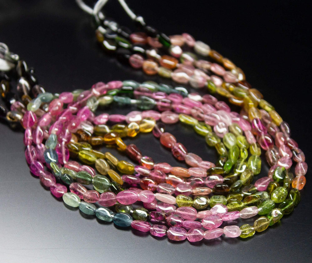 14 inch, 4-6mm, Multi Tourmaline Smooth Oval Beads Necklace, Tourmaline Beads - Jalvi & Co.