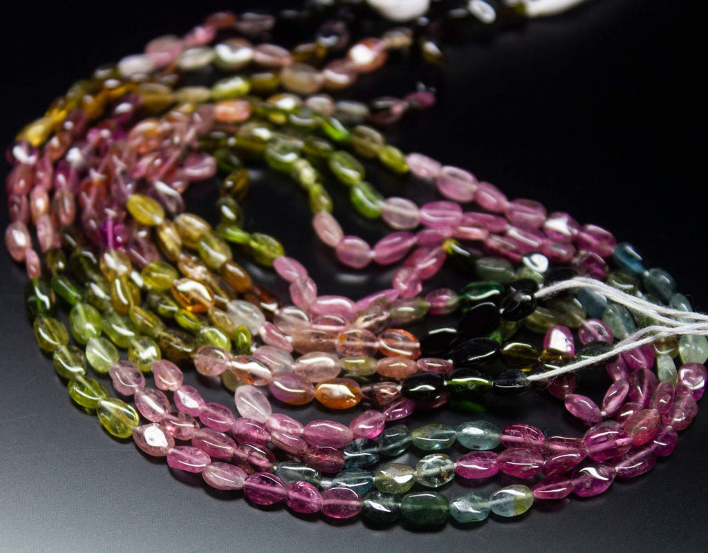 14 inch, 4-6mm, Multi Tourmaline Smooth Oval Beads Necklace, Tourmaline Beads - Jalvi & Co.