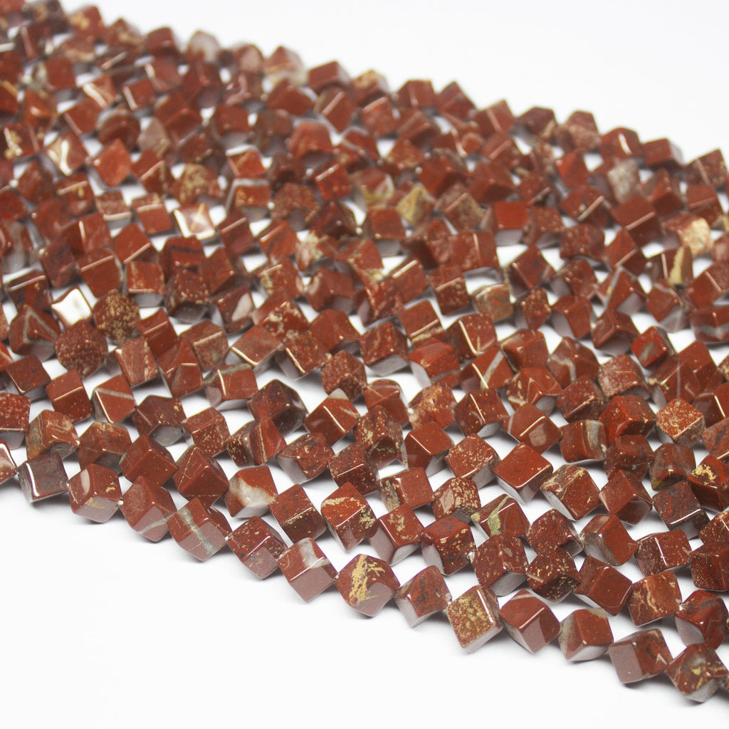 14 inch, 7-8mm, Natural Red Jasper Smooth 3D Cube Square Beads, Jasper Beads - Jalvi & Co.