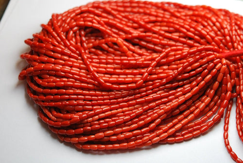 14 Inch Full Strand, Natural Italian Coral Smooth Tube Shape Beads, 5-6mm Size, - Jalvi & Co.