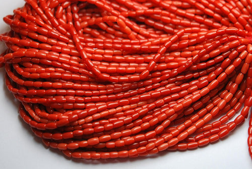 14 Inch Full Strand, Natural Italian Coral Smooth Tube Shape Beads, 5-6mm Size, - Jalvi & Co.