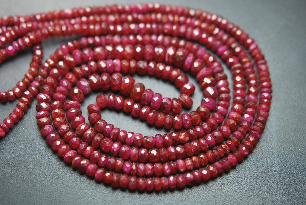 14 Inch Full Strand,Superb-Finest Quality, Natural Dark Red Longido Ruby Faceted Rondelles 3- 4mm - Jalvi & Co.