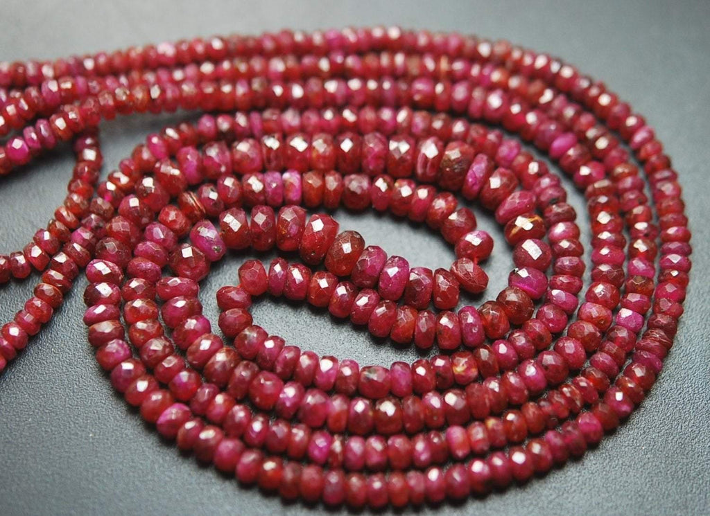 14 Inch Full Strand,Superb-Finest Quality, Natural Dark Red Longido Ruby Faceted Rondelles 3- 4mm - Jalvi & Co.