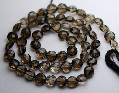 14 Inch Strand, Finest Quality, Natural Smoky Quartz Faceted Coins Beads, 7mm - Jalvi & Co.