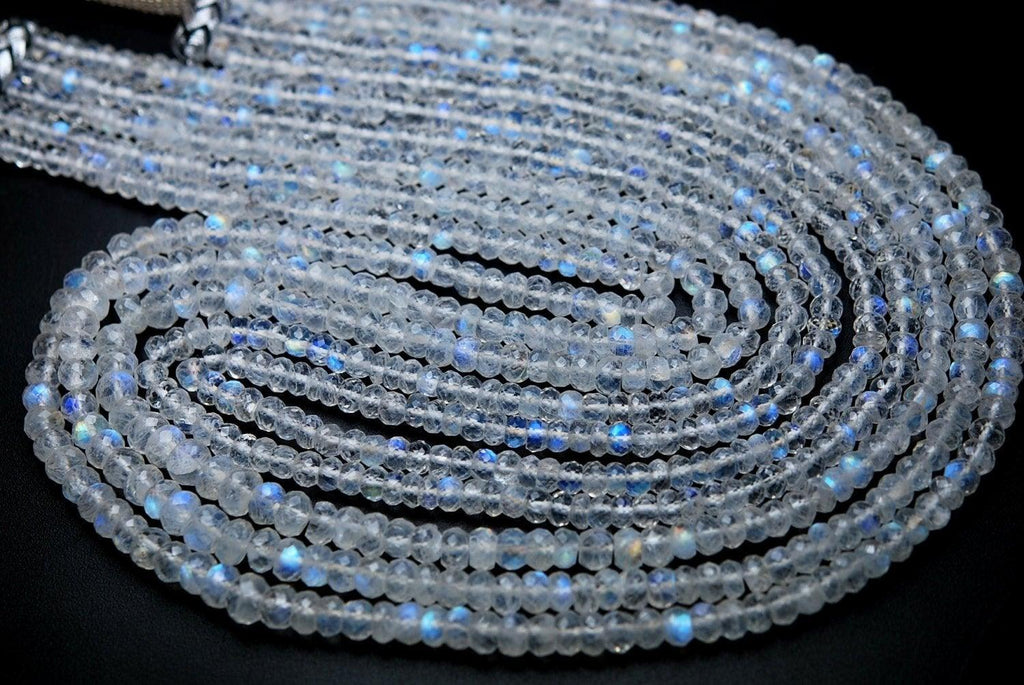 14 Inch Strand Of Machine Cut Aaa Quality Blue Fire Rainbow Moonstones Micro Faceted Rondells 4mm - Jalvi & Co.