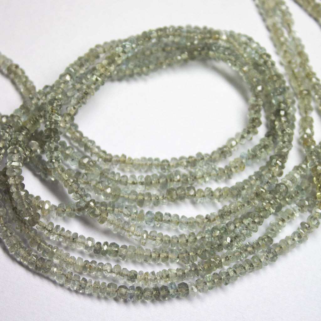 14 Inches, 3-4mm, Natural Aqua Moss Aquamarine Faceted Rondelle Loose Gemstone Beads - Jalvi & Co.