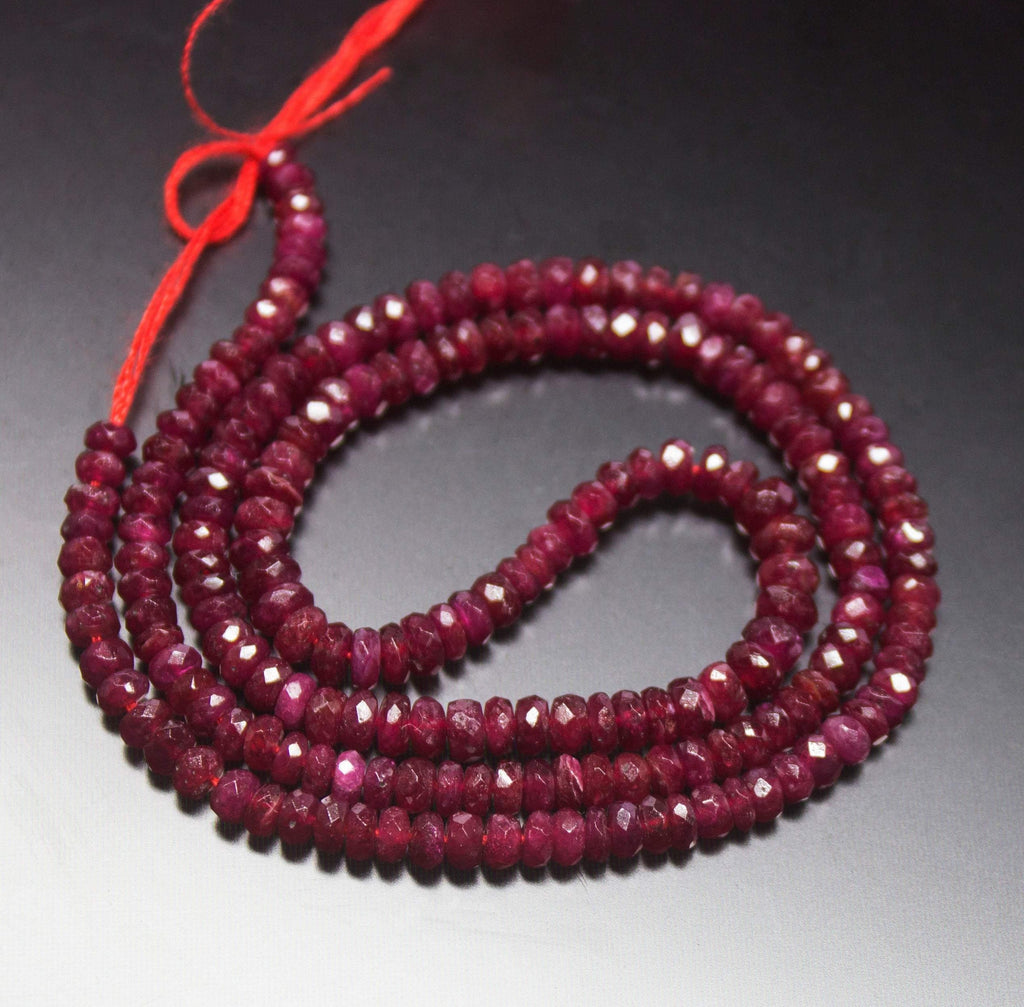 14 inches, 3-4mm, Natural Longido Untreated Ruby Faceted Rondelle Loose Gemstone Beads - Jalvi & Co.