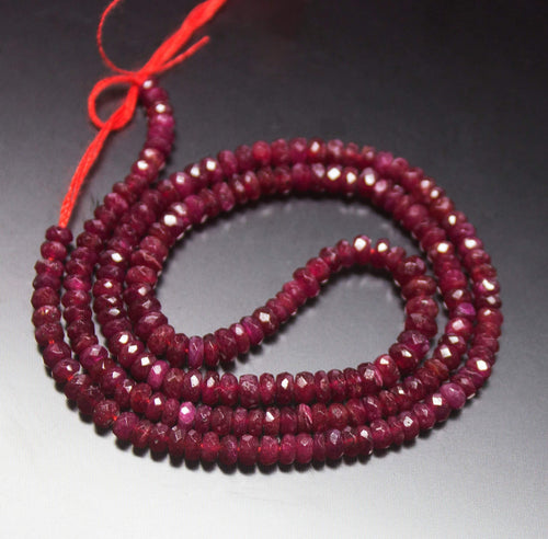 14 inches, 3-4mm, Natural Longido Untreated Ruby Faceted Rondelle Loose Gemstone Beads - Jalvi & Co.