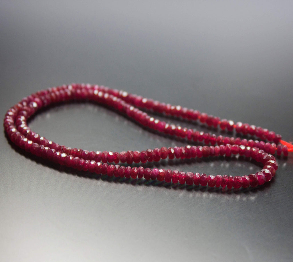 14 inches, 3-4mm, Natural Longido Untreated Ruby Faceted Rondelle Loose Gemstone Beads - Jalvi & Co.