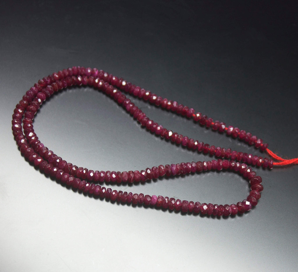 14 inches, 3-4mm, Natural Longido Untreated Ruby Faceted Rondelle Loose Gemstone Beads - Jalvi & Co.