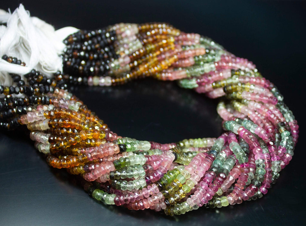 14 inches, 5mm, Natural Multi Tourmaline Faceted Rondelle Shape Beads, Tourmaline Beads - Jalvi & Co.
