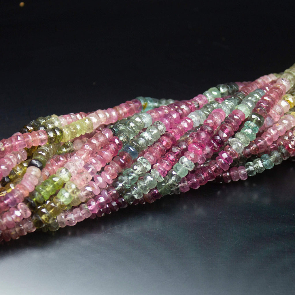 14 inches, 5mm, Natural Multi Tourmaline Faceted Rondelle Shape Beads, Tourmaline Beads - Jalvi & Co.