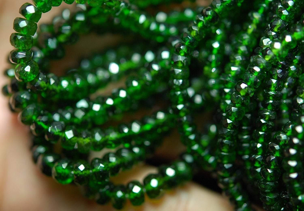 14 Inches Strand, Faceted Rondelles Large Size 4-3.5 mm Chrome Diopside - Jalvi & Co.