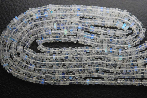 14 Inches Strand, Finest Quality Aaa Blue Flashy Rainbow Moonstone Square Heishi Cut Beads, 4mm Large - Jalvi & Co.