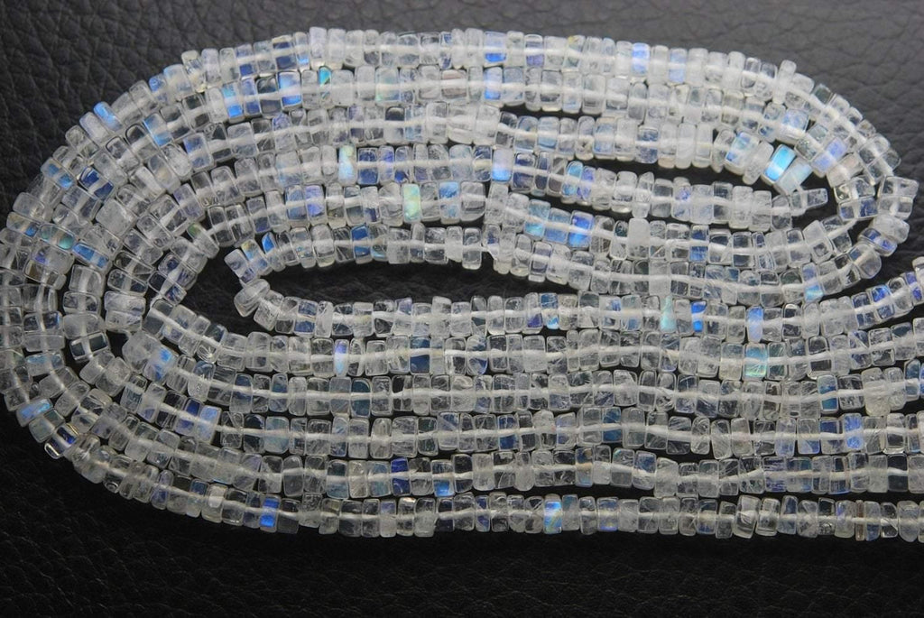 14 Inches Strand, Finest Quality Aaa Blue Flashy Rainbow Moonstone Square Heishi Cut Beads, 4mm Large - Jalvi & Co.