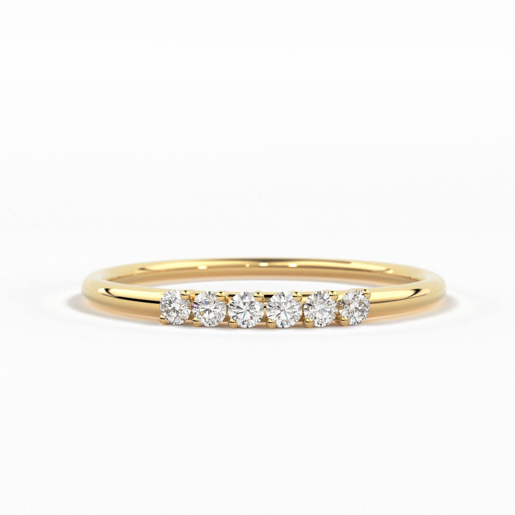 14k Gold 6 Stone Diamond Wedding Band / April Birthstone Ring / Thin Dainty Diamond Wedding Ring / Minimalist Stacking Ring - Jalvi & Co.