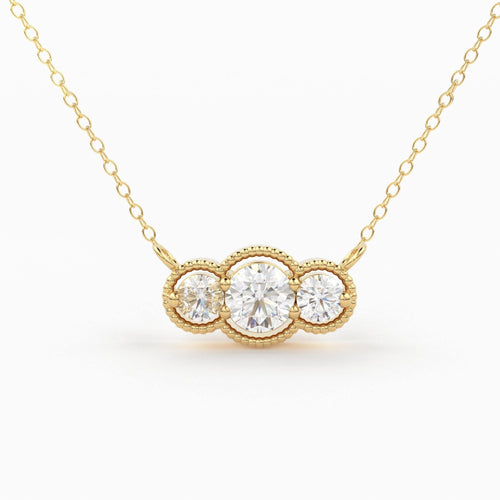 14k Gold Art Deco Chain Necklace for Women Trio Diamond Station / Also available in 14k Rose Gold and 14k White Gold / 3 Stone Charm Pendant - Jalvi & Co.
