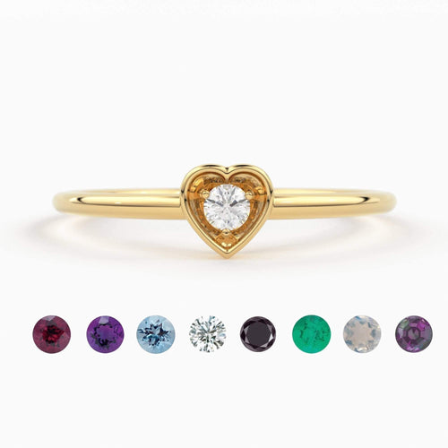 14K Gold Birthstone Heart Ring/ Solid Gold Ring/ January/ February/ March/ April/ May/ June/ July/ August/ September/ November/ December - Jalvi & Co.