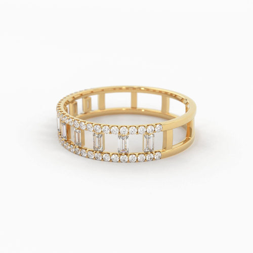 14k Gold Double Row Micro Pave Diamond Ring with Baguette Diamond / Christmas Gift - Jalvi & Co.