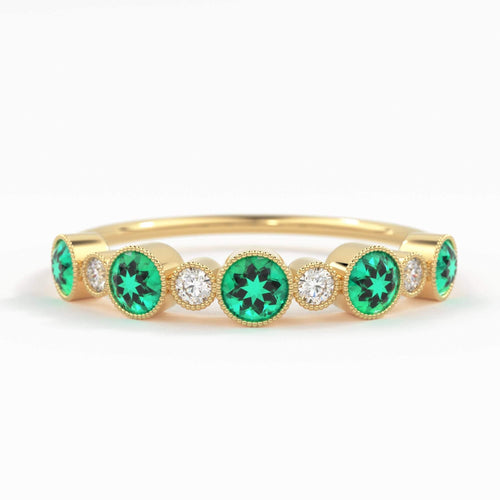14k Gold Emerald and Diamond Alternating Wedding Ring Women / Emerald Ring / Emerald Wedding Band / May Birthstone Ring / Genuine Emerald - Jalvi & Co.