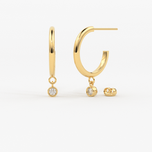 Load image into Gallery viewer, 14k Gold Hoop with Dangling Diamond / Bezel Setting Dangling Diamond Earrings / Floating Charm Hoops / Dangle Charm Dancing Earrings - Jalvi &amp; Co.