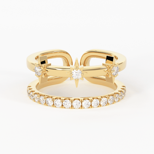 14k Gold Star Ring / Diamond Star Ring / Stackable Star Rings / Diamond Ring / Celestial Dual Ring / Dainty Dtackable Rings / Two Row Ring / Open Ring - Jalvi & Co.