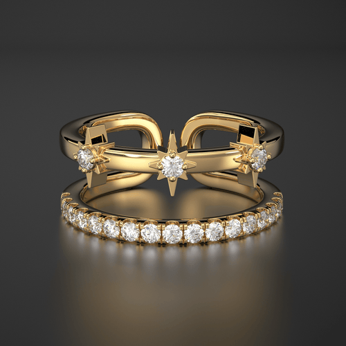 14k Gold Star Ring / Diamond Star Ring / Stackable Star Rings / Diamond Ring / Celestial Dual Ring / Dainty Dtackable Rings / Two Row Ring / Open Ring - Jalvi & Co.