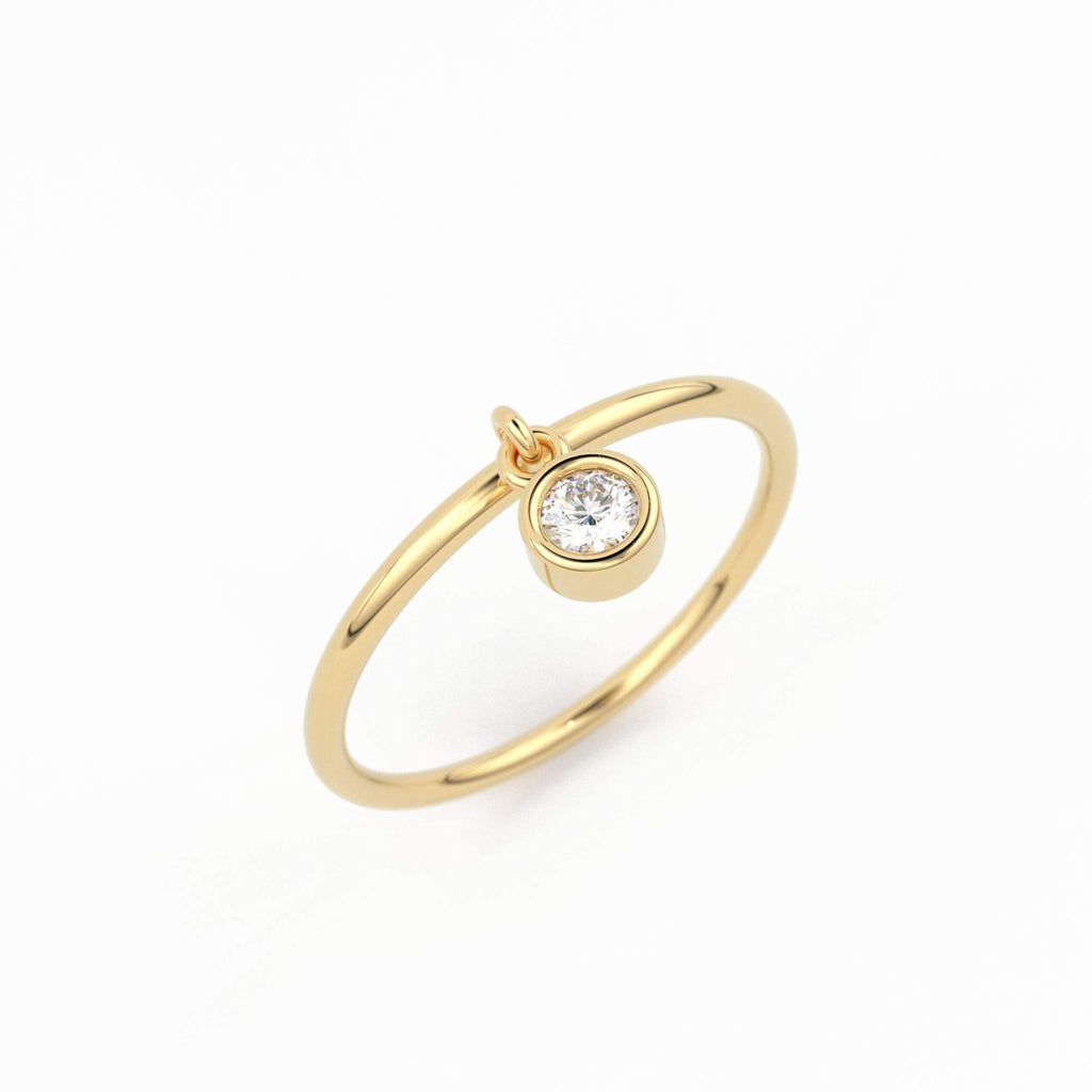 14k Gold Thin Ring with a 0.05ctw Round White Diamond Dangling Charm Ring - Round Cut Diamond Dangle Ring / Stacking Diamond Ring - Jalvi & Co.